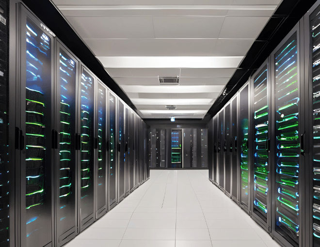 A modern server room filled with Xaro's dedicated servers, emphasizing robustness, security, and scalability, ensuring high-performance for app development and deployment.