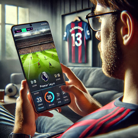 A fan watching a Premier League match on their phone with advanced app features.