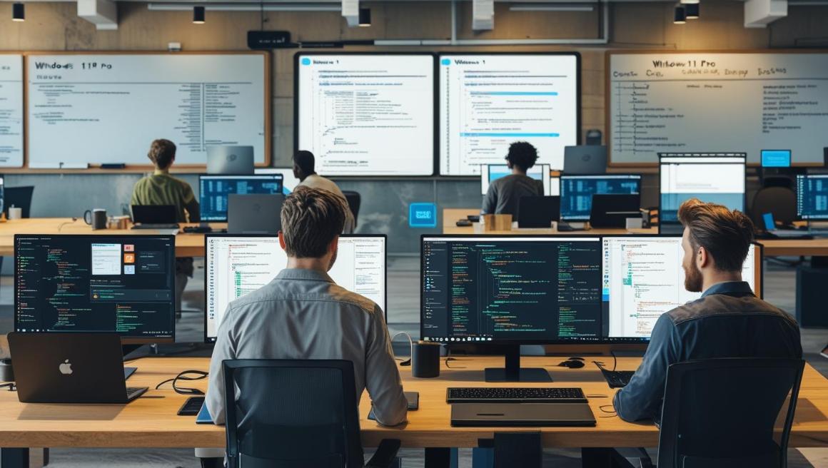 Developers working on Windows 11 systems in a modern secure app studio.