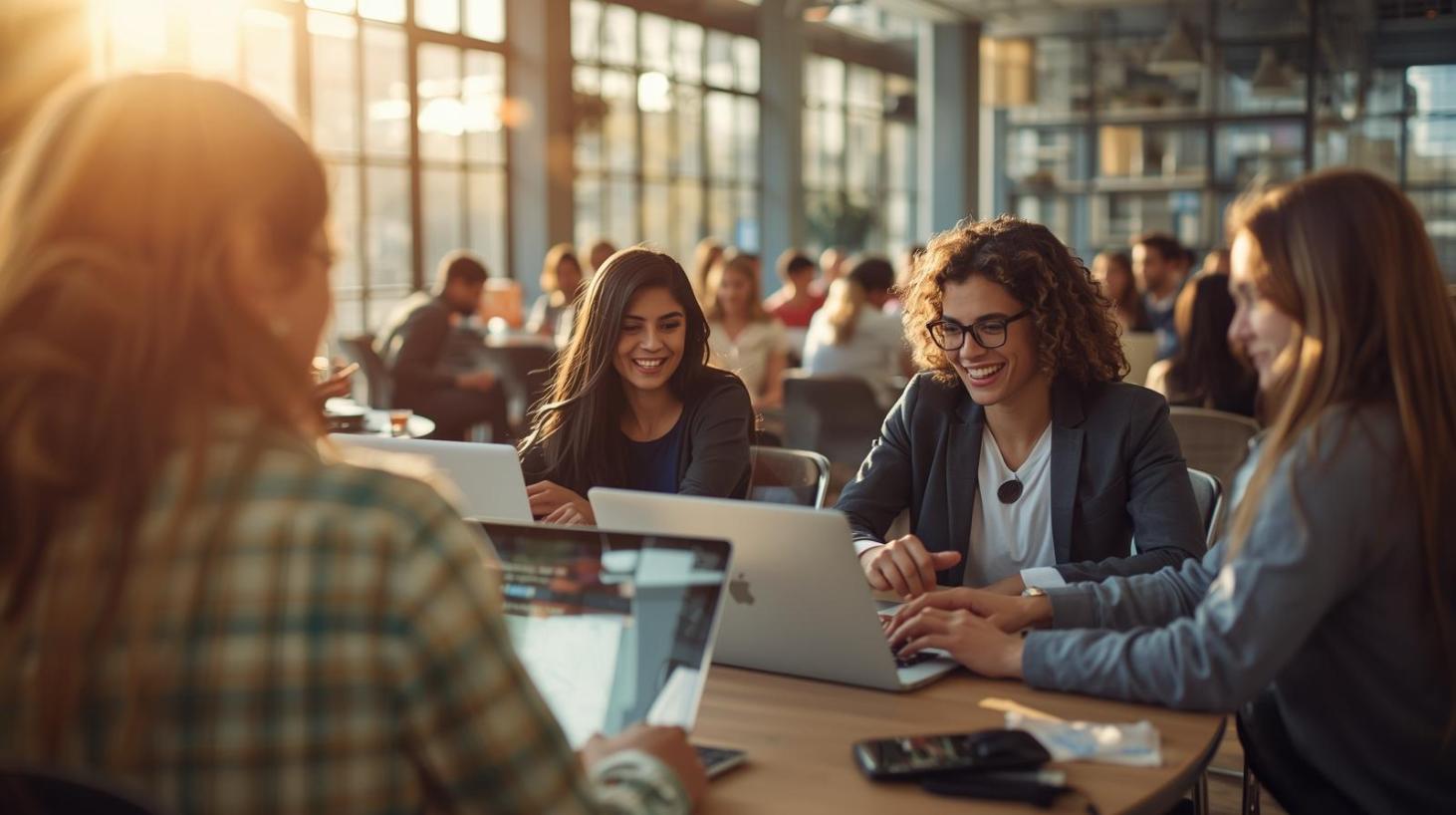 Young professionals collaborate in sunlit coworking space with blurred laptop screens.