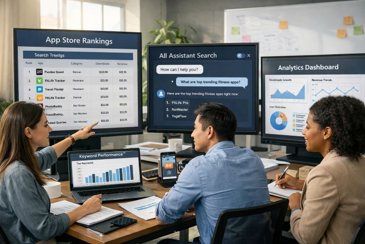 mobile app marketing team analyzing app store rankings